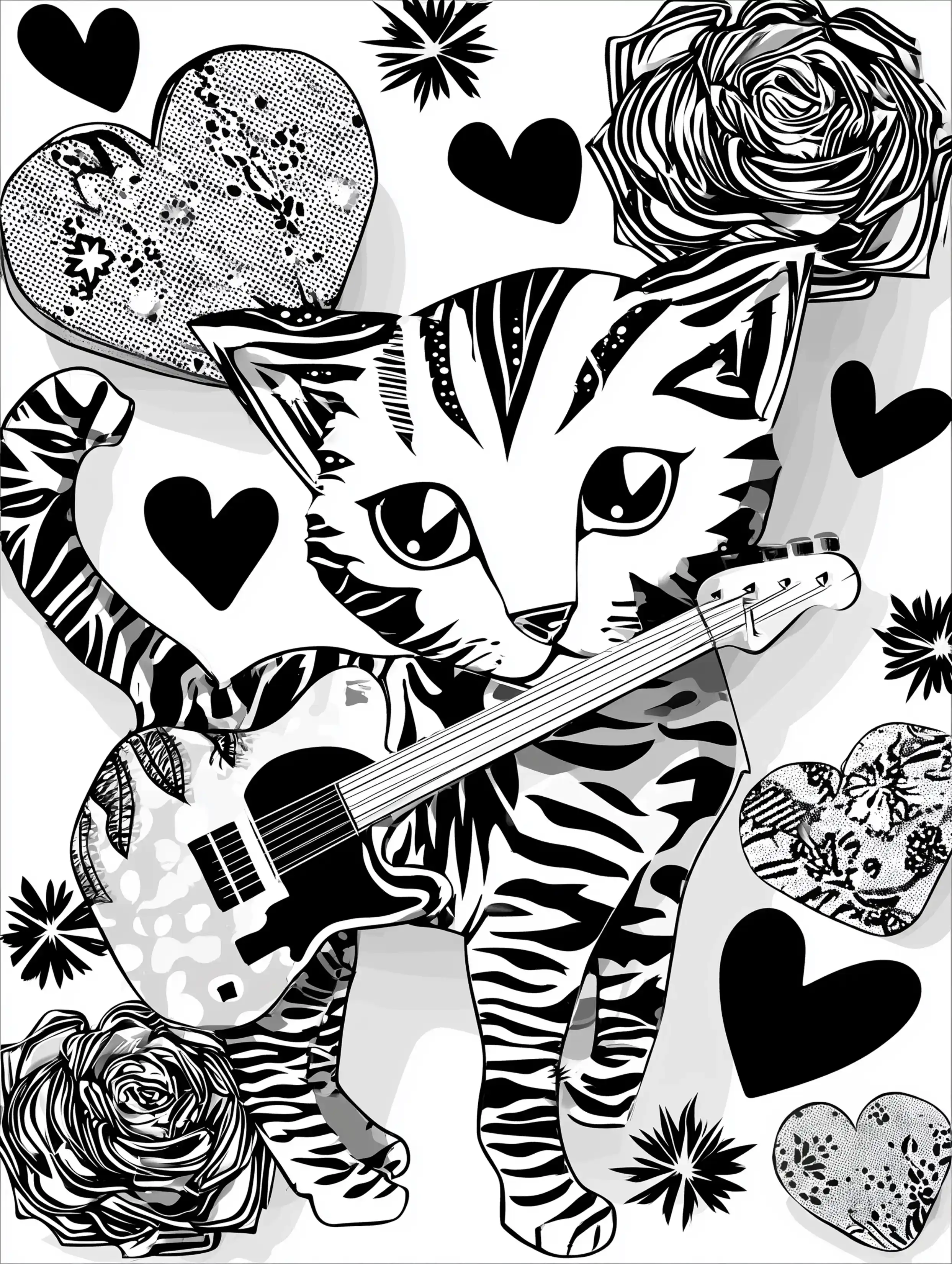 Free printable cats coloring page featuring a musical cat
